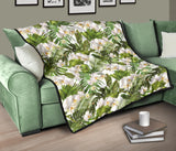 White Orchid Flower Tropical Leaves Pattern Premium Quilt