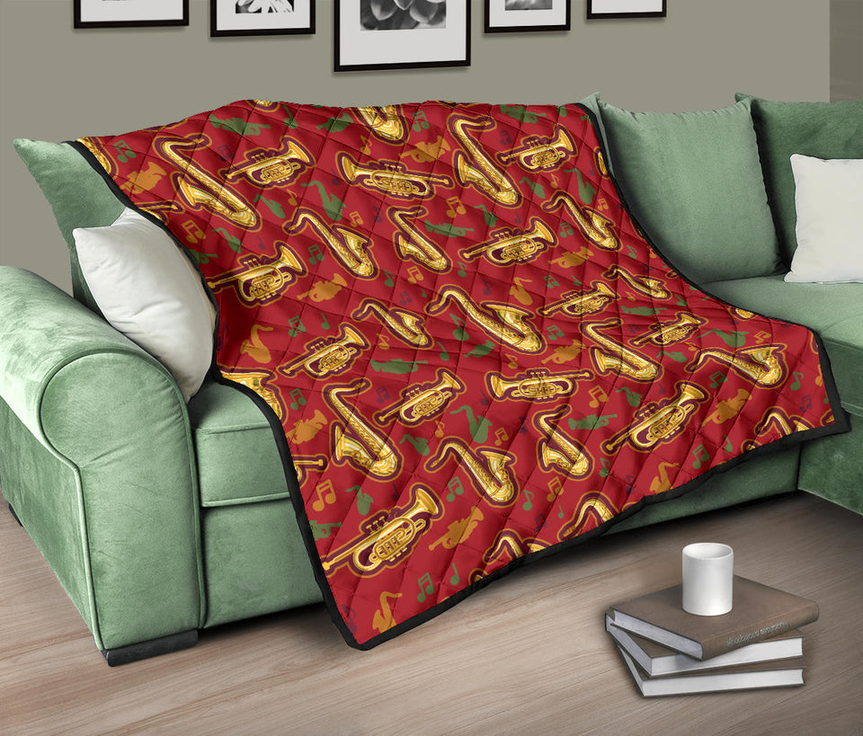 Saxophone Cornet Pattern Red Background Premium Quilt