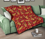 Saxophone Cornet Pattern Red Background Premium Quilt