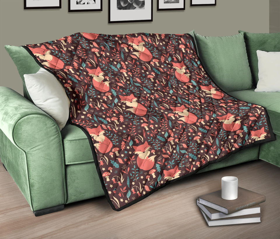 Fox Leaves Mushroom Pattern Premium Quilt