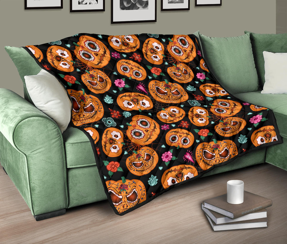 Pumpkin Flowers Spiderweb Halloween Theme Premium Quilt