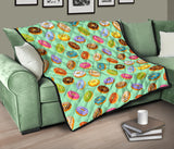 Colorful Donut Pattern Green Background Premium Quilt