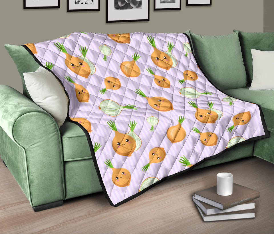 Cute Onions Smiling Faces Purple Background Premium Quilt