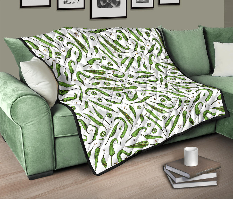 Hand Drawn Sketch Style Green Chili Peppers Pattern Premium Quilt