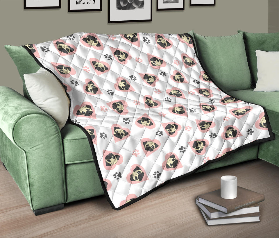 Cute Pugs Pink Heart Paw Pattern Premium Quilt