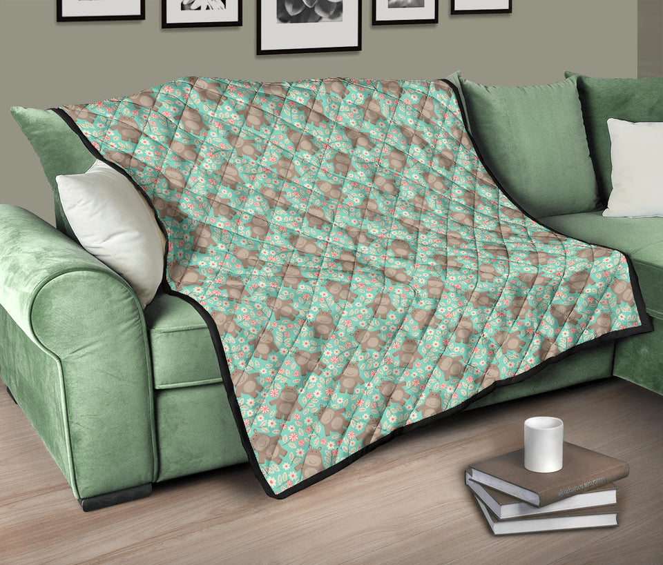 Hippopotamus Pattern Print Design 02 Premium Quilt