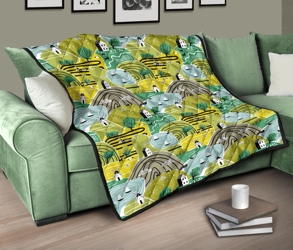 Hand Drawn Windmill Pattern Premium Quilt