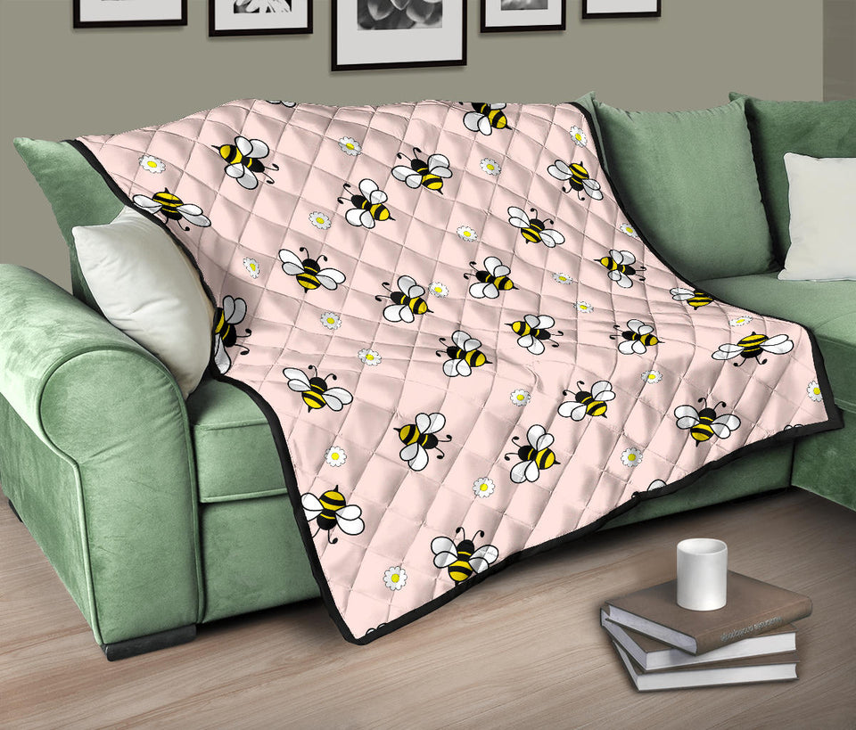Cute Bee Flower Pattern Pink Background Premium Quilt