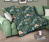 Dinosaurs Tropical Leaves Flower Pattern Premium Quilt