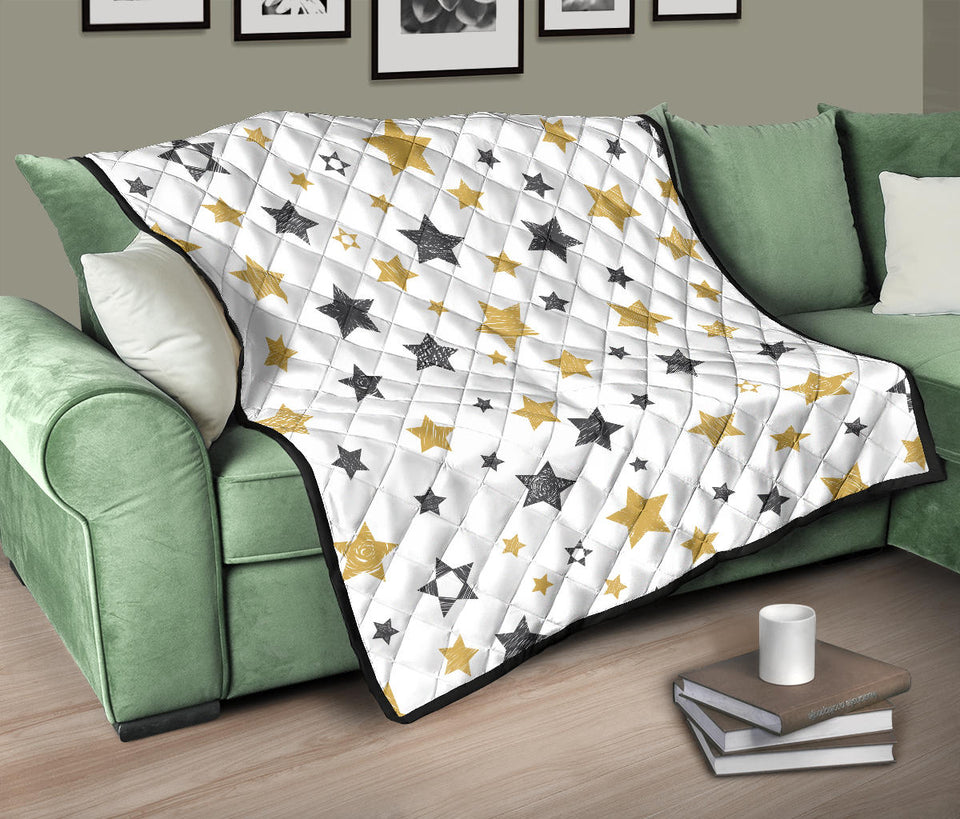 Hand Drawn Gold Black Star Pattern Premium Quilt.