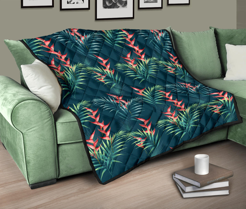 Heliconia Flowers, Palm And Monstera Leaves On Black Background Pattern Premium Quilt