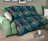 Heliconia Flowers, Palm And Monstera Leaves On Black Background Pattern Premium Quilt