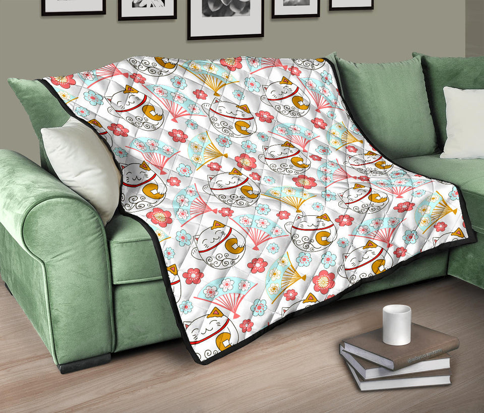 Maneki Neko Lucky Cat Fan Sakura Premium Quilt