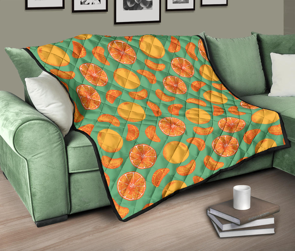 Orange Fruit Pattern Green Background Premium Quilt