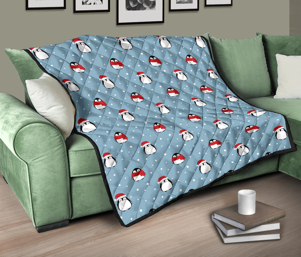 Cute Penguin Christmas Snow Pattern Premium Quilt