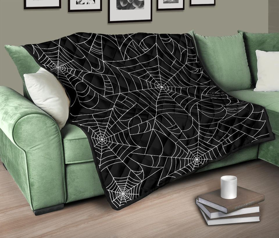 Spider Web Pattern Black Background White Cobweb Premium Quilt