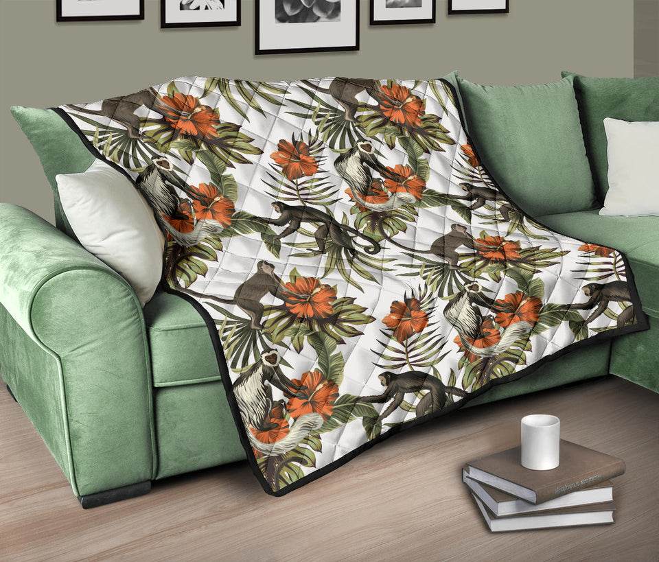 Monkey Red Hibiscus Flower Palm Leaves Floral Pattern Premium Quilt