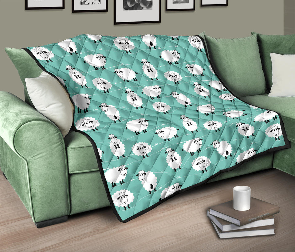 Cute Sheep Green Background Premium Quilt