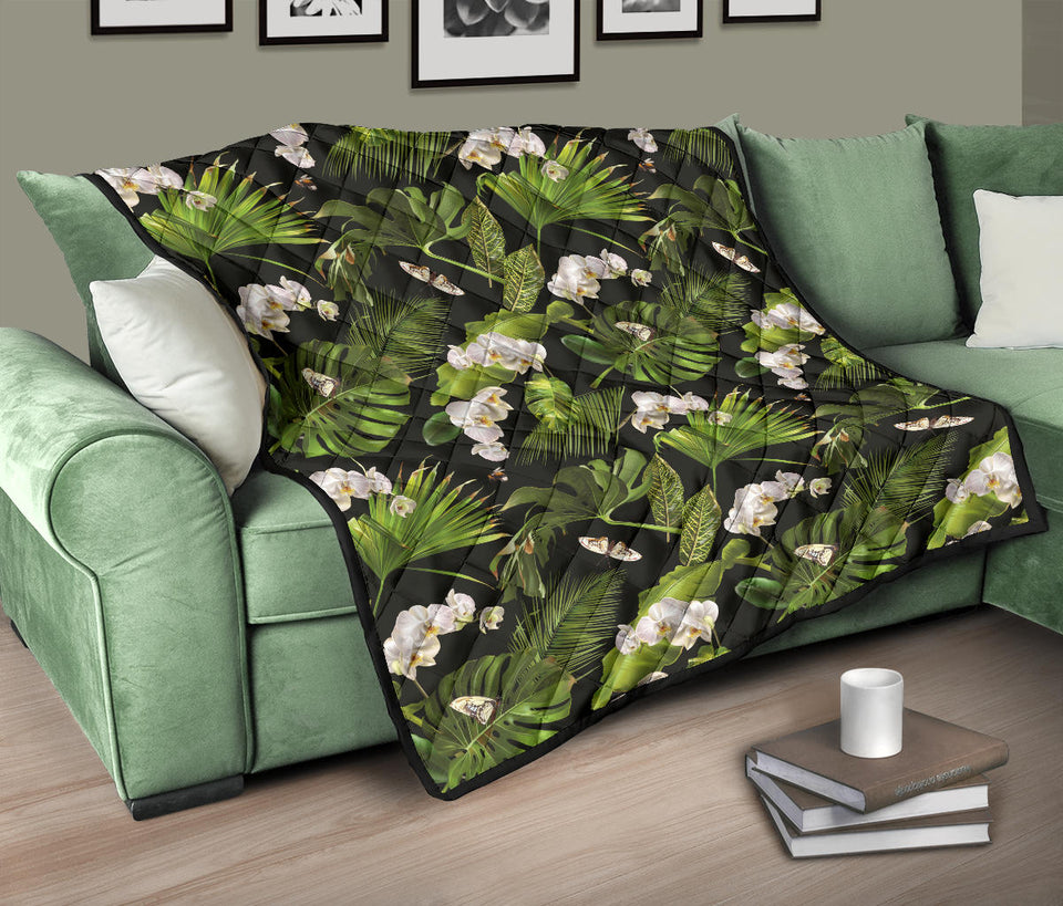 White Orchid Flower Tropical Leaves Pattern Blackground Premium Quilt