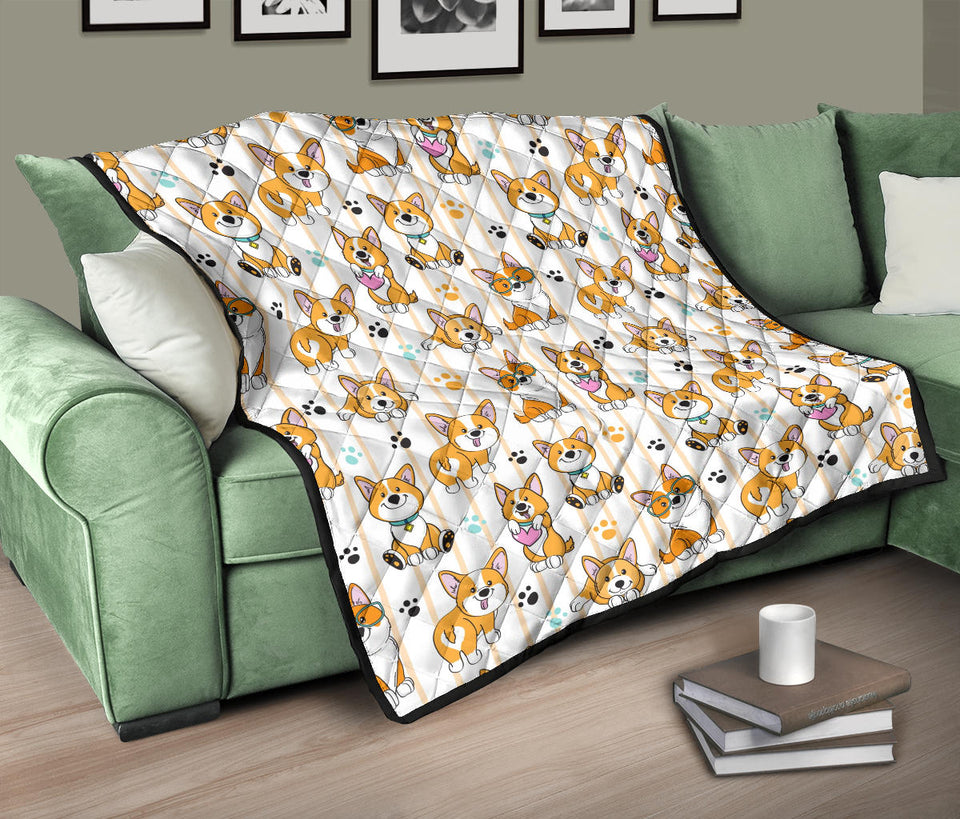 Cute Dog Corgi Striped Background Pattern Premium Quilt