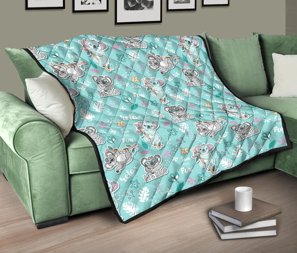 Cute Koalas Blue Background Pattern Premium Quilt