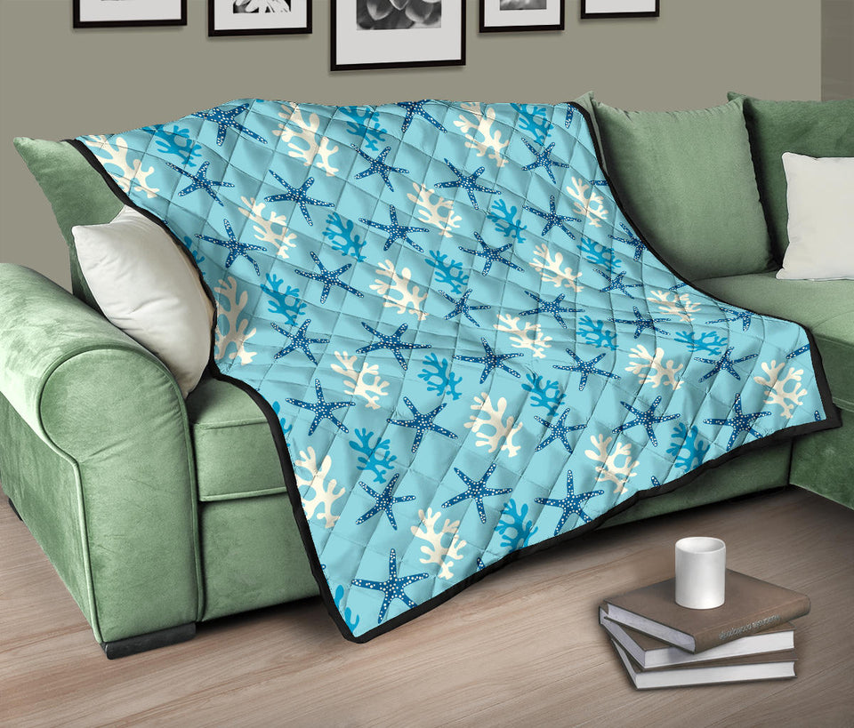 Blue Starfish Coral Reef Pattern Premium Quilt