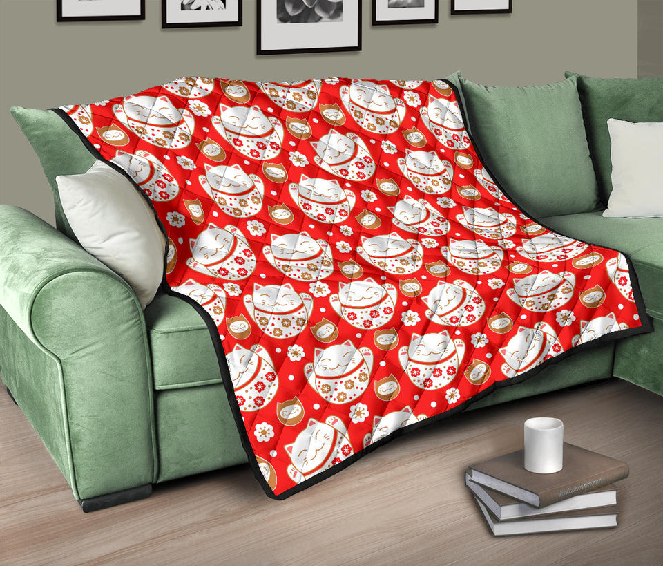 Cute Maneki Neko Lucky Cat Red Background Premium Quilt