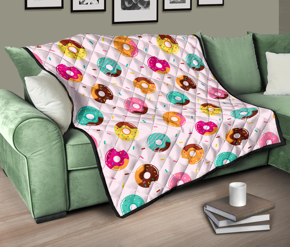Donut Pattern Glaze Pink Background Premium Quilt