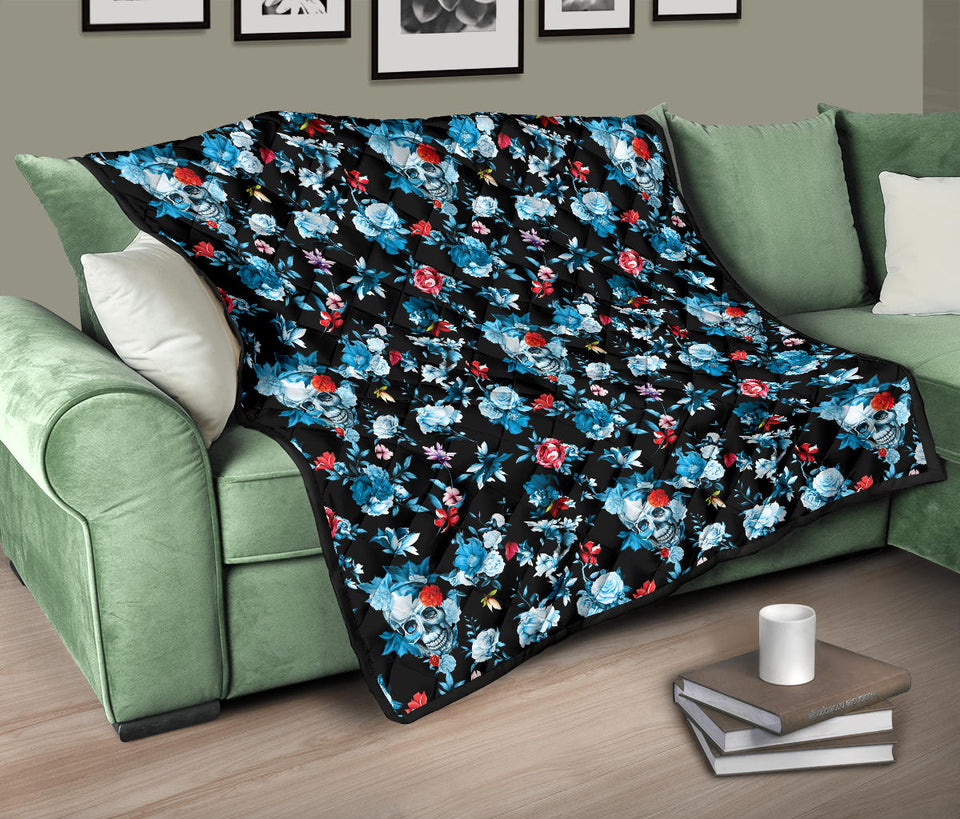 Skull Flower Roses Leave Pattern Premium Quilt