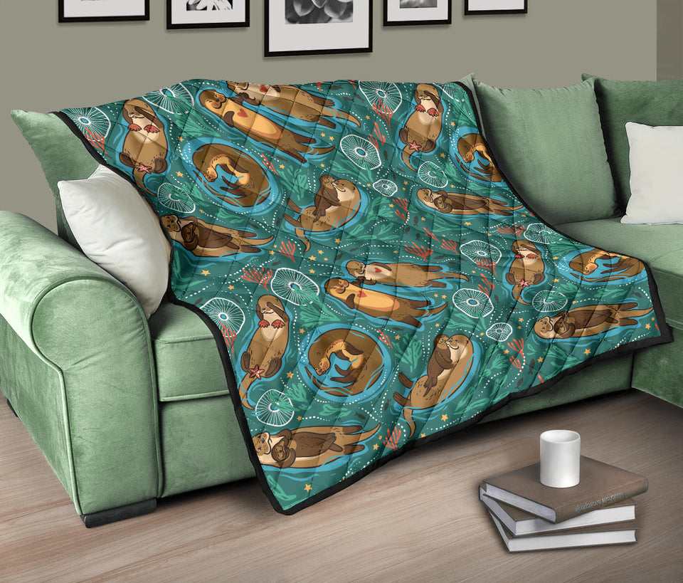 Cute Brown Sea Otters Ornamental Seaweed Corals Green Water Premium Quilt