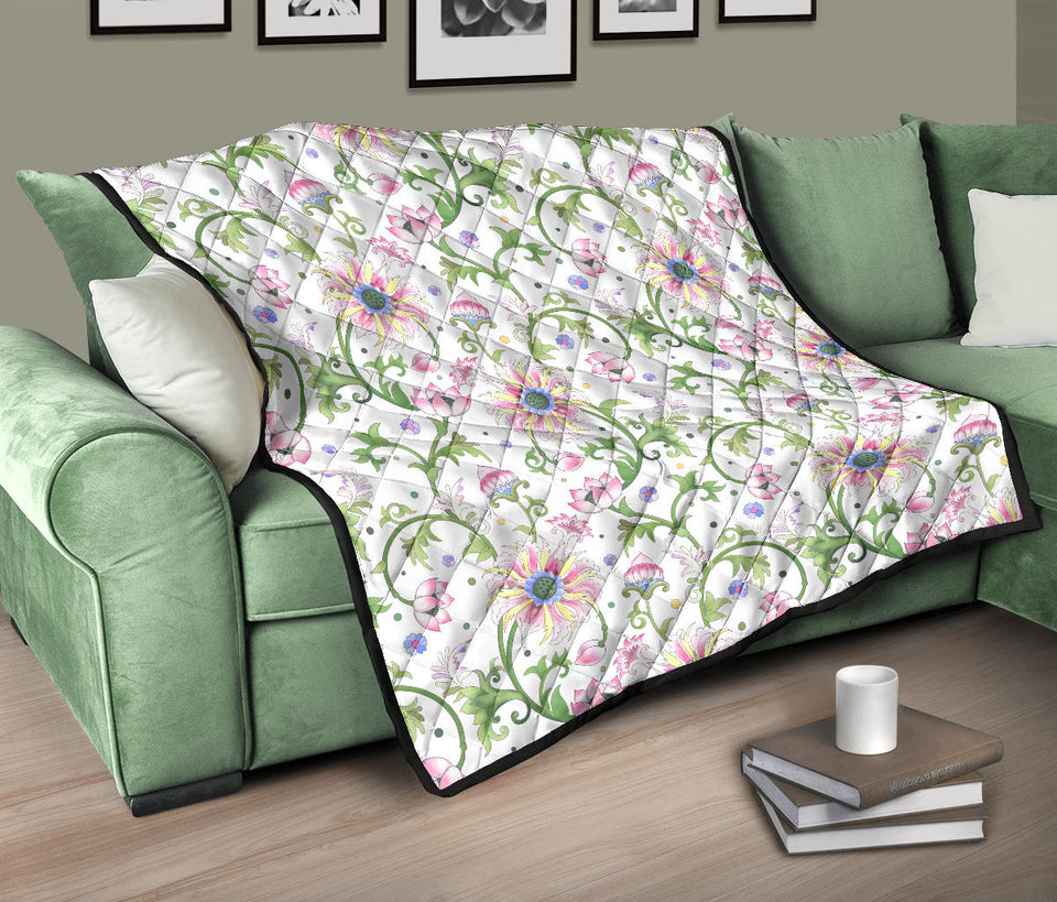Beautiful Pink Lotus Waterlily Leaves Pattern Premium Quilt