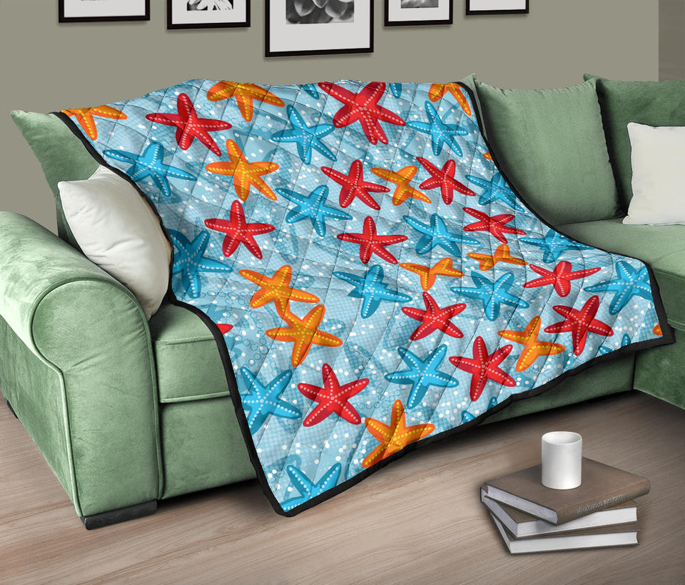 Blue Red Orange Starfish Pattern Premium Quilt