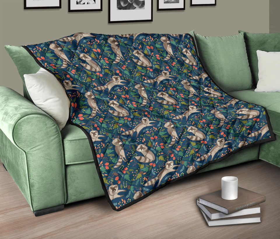 Raccoon Tropical Leaves Pattern Premium Quilt