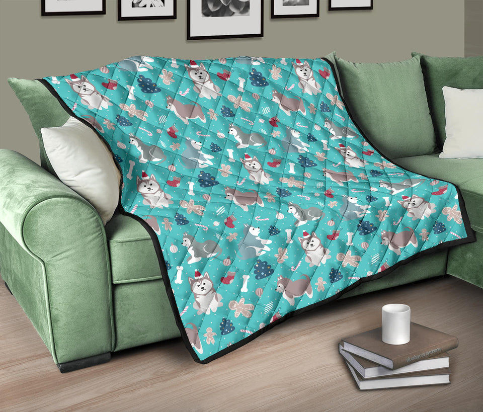 Christmas Cute Siberian Husky Puppie Pattern Premium Quilt