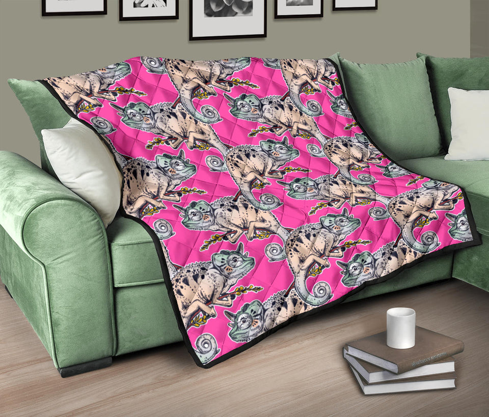 Chameleon Lizard Pattern Pink Background Premium Quilt