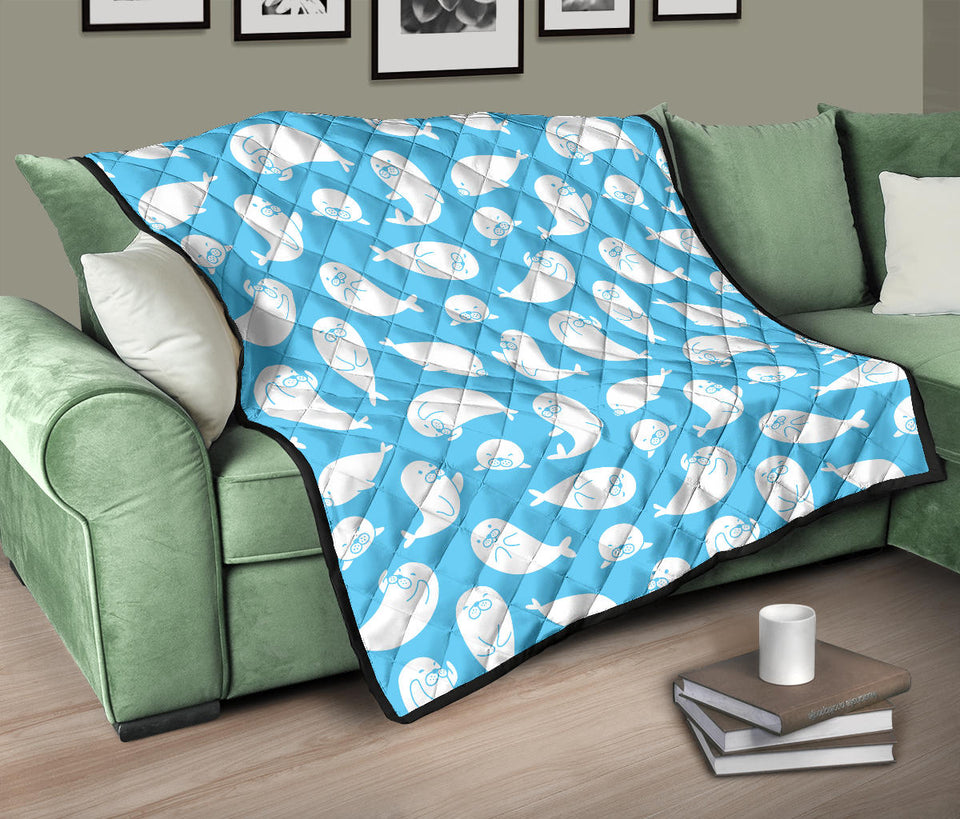 Cute White Sea Lion Seals Pattern Premium Quilt