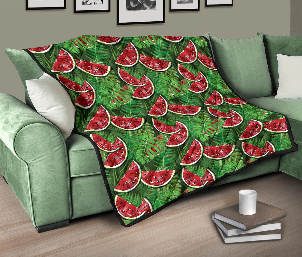 Watermelons Tropical Palm Leaves Pattern Background Premium Quilt