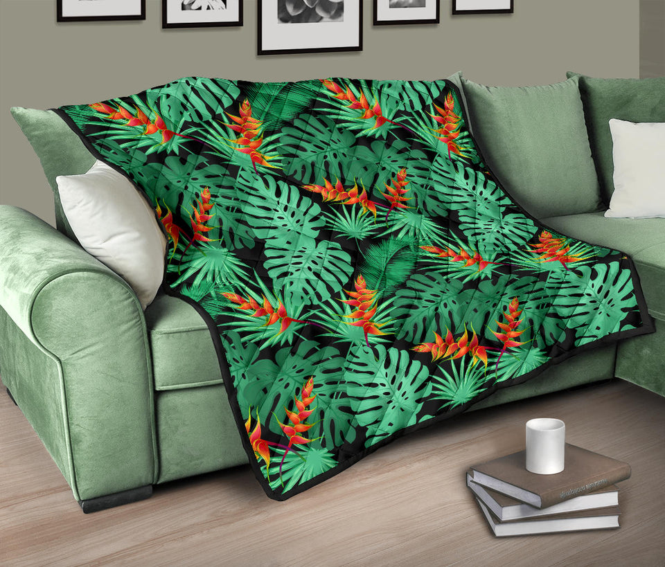Heliconia Flower Palm Monstera Leaves Black Background Premium Quilt
