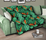 Heliconia Flower Palm Monstera Leaves Black Background Premium Quilt