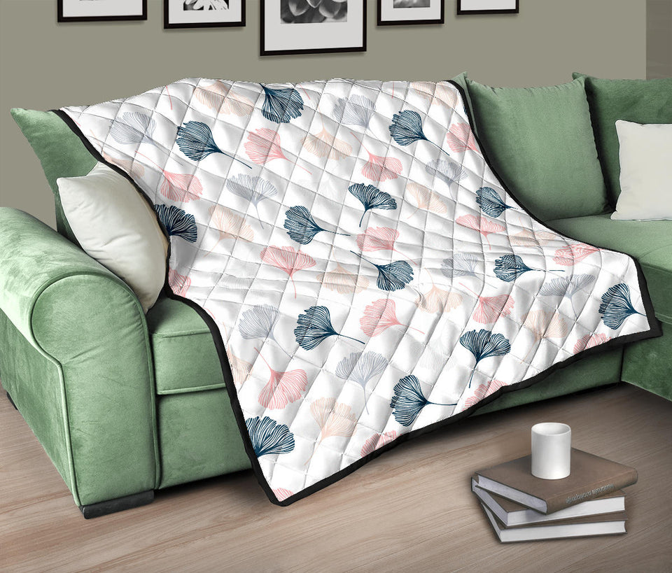 Black Gray Cream Coral Ginkgo Leaves Pattern Premium Quilt