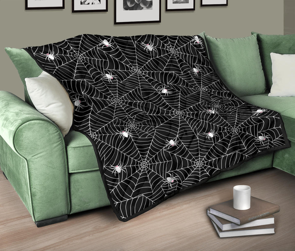 Spider Web Design Pattern Black Background White Cobweb Premium Quilt