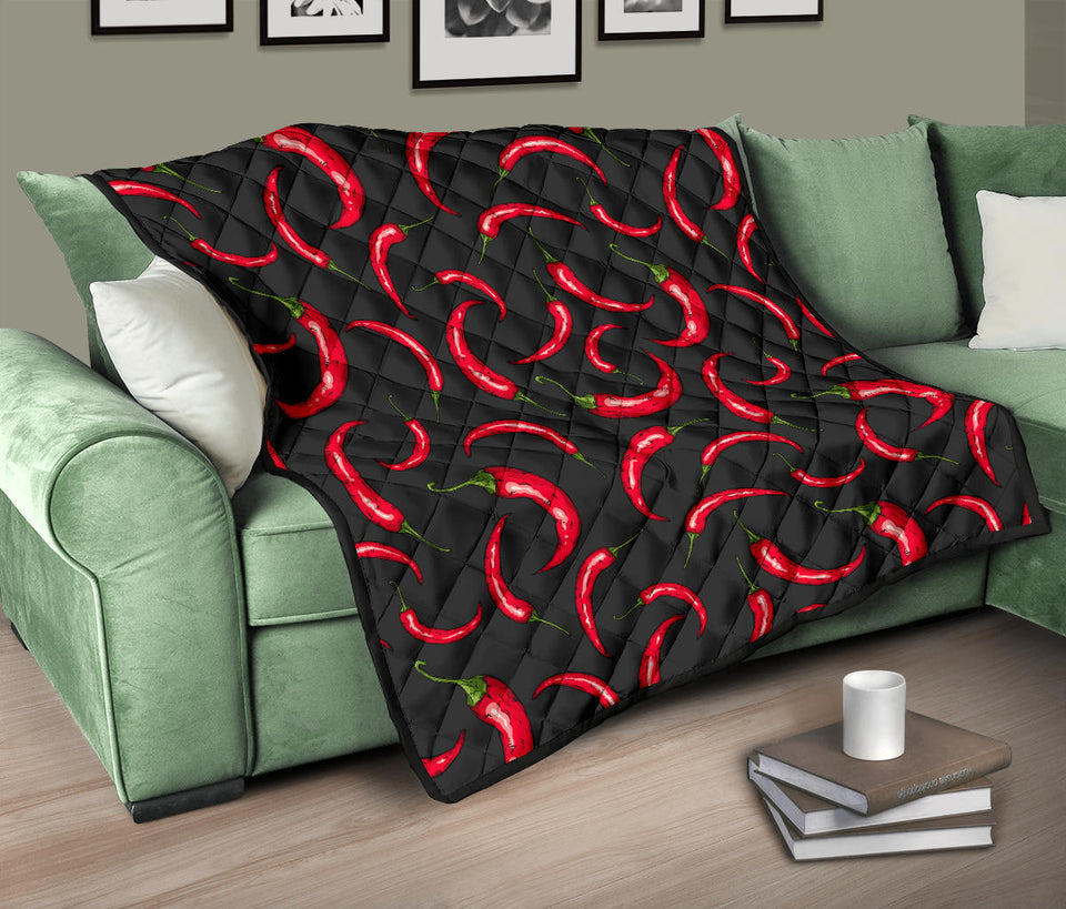 Chili Peppers Pattern Black Background Premium Quilt
