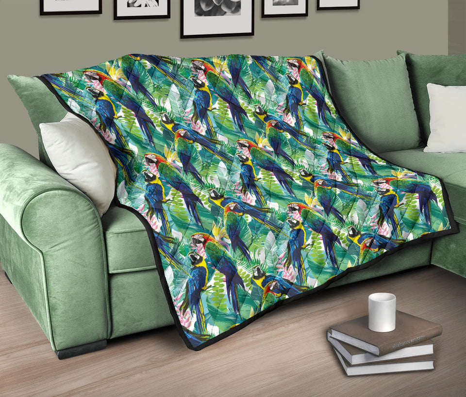 Colorful Parrot Exotic Flower Leaves Premium Quilt