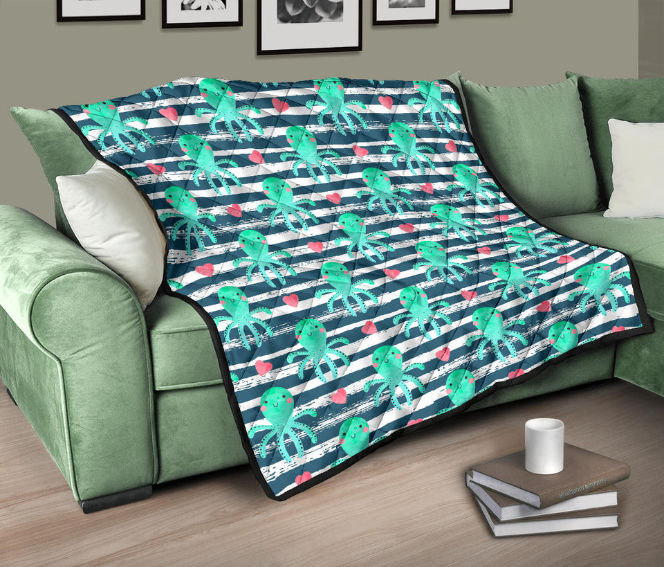 Cute Octopuses Heart Striped Background Premium Quilt