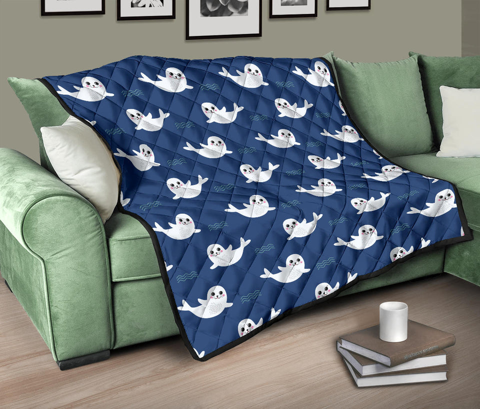 Cute White Baby Sea Lion Seal Pattern Premium Quilt