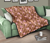 Pink Sakura Cherry Blossom Drak Brown Background Premium Quilt