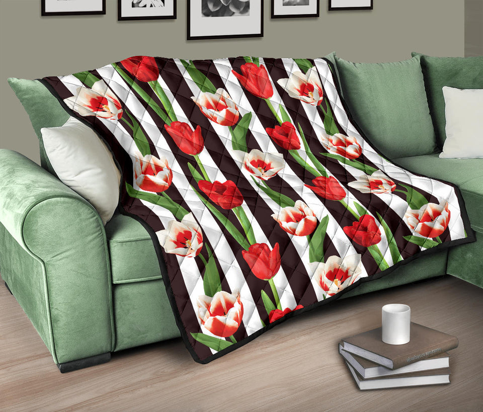 Red And White Tulips Pattern Premium Quilt