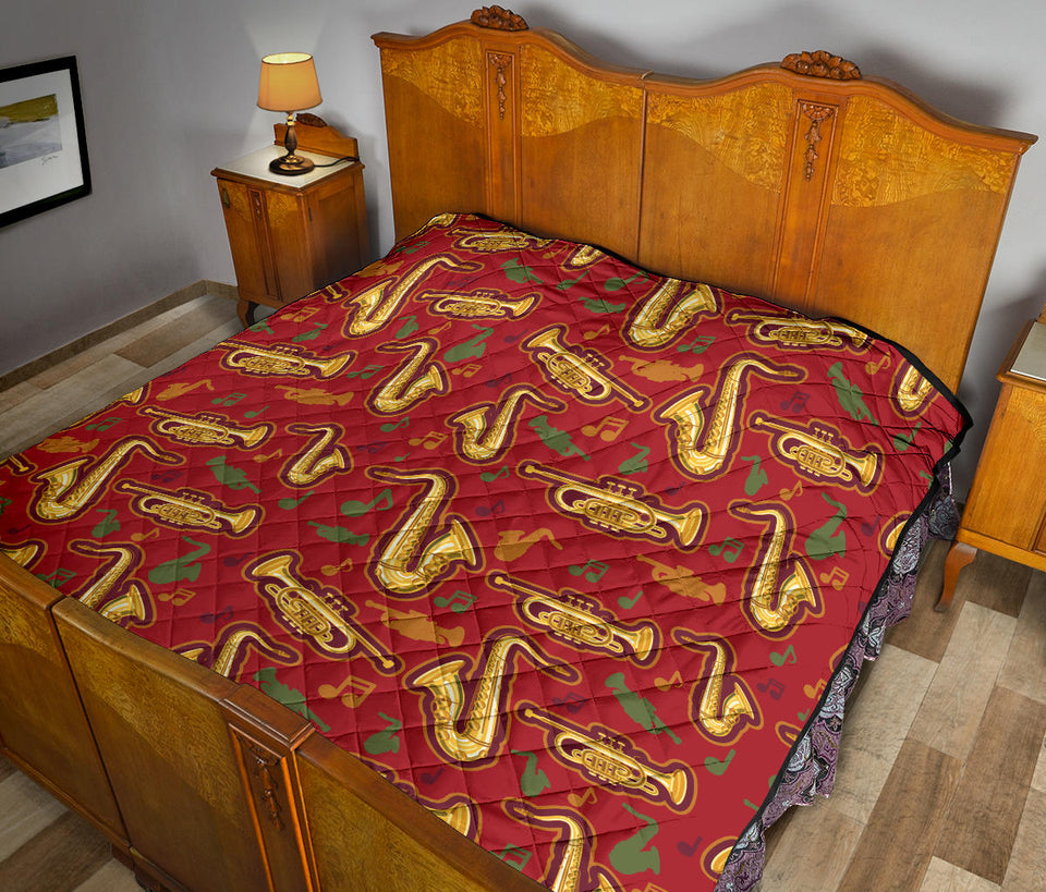 Saxophone Cornet Pattern Red Background Premium Quilt