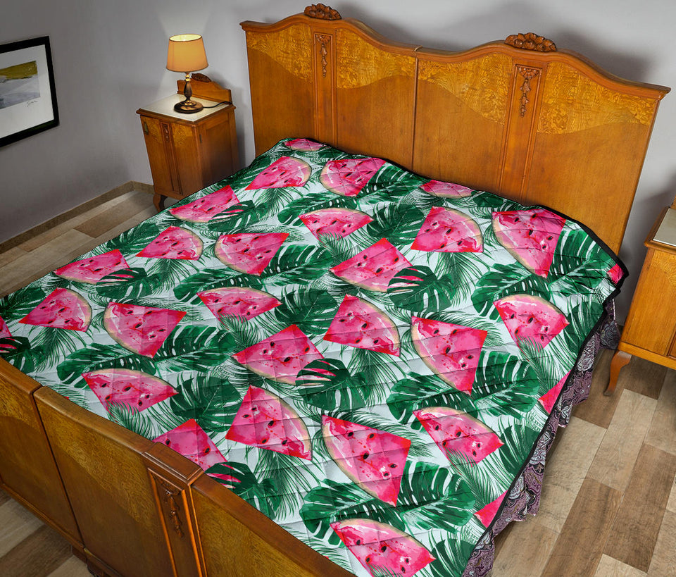 Watermelons Tropical Palm Leaves Pattern Premium Quilt