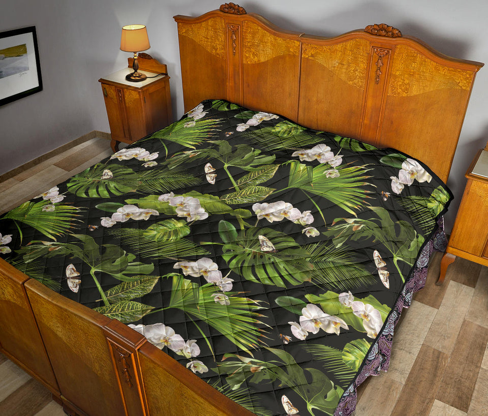 White Orchid Flower Tropical Leaves Pattern Blackground Premium Quilt